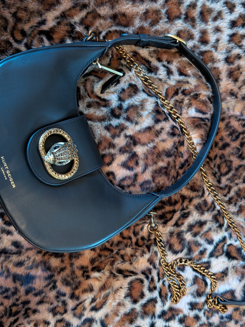Kurt Geiger Dark Brown Leather Shoulder Bag with Gold Chain & Crystal Buckle